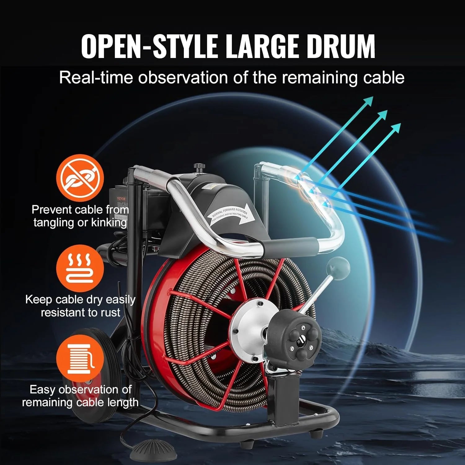Drain Cleaner Machine 100FT x 1/2 Inch, Auto Feed Sewer Snake Auger on Wheels, 550W Portable Drain Cleaning Machine with 8 Cutters & Air-activated Foot Switch for 2" to 4" Pipes