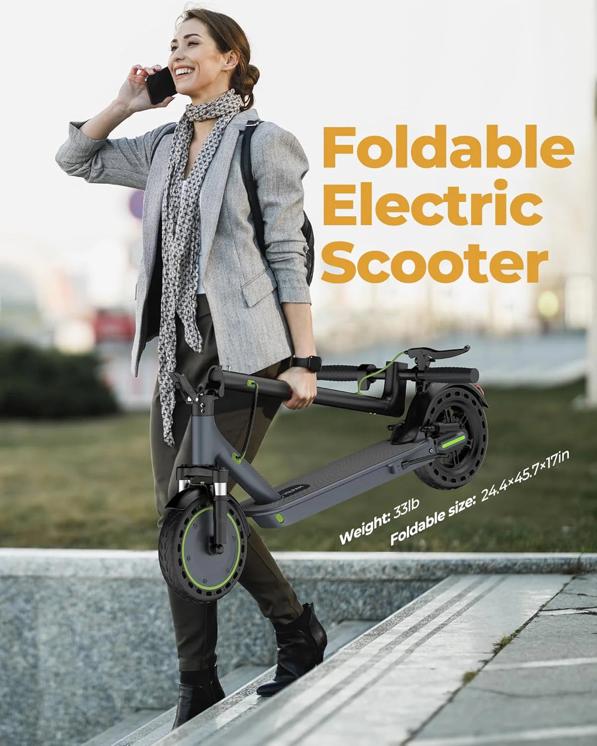 Electric Scooter - 8.5" Solid Tires, 350W Motor, Up to 19 MPH and 21-23 Miles Long-Range Portable Foldable Commuting Scooter for Adults with Double Braking System and App