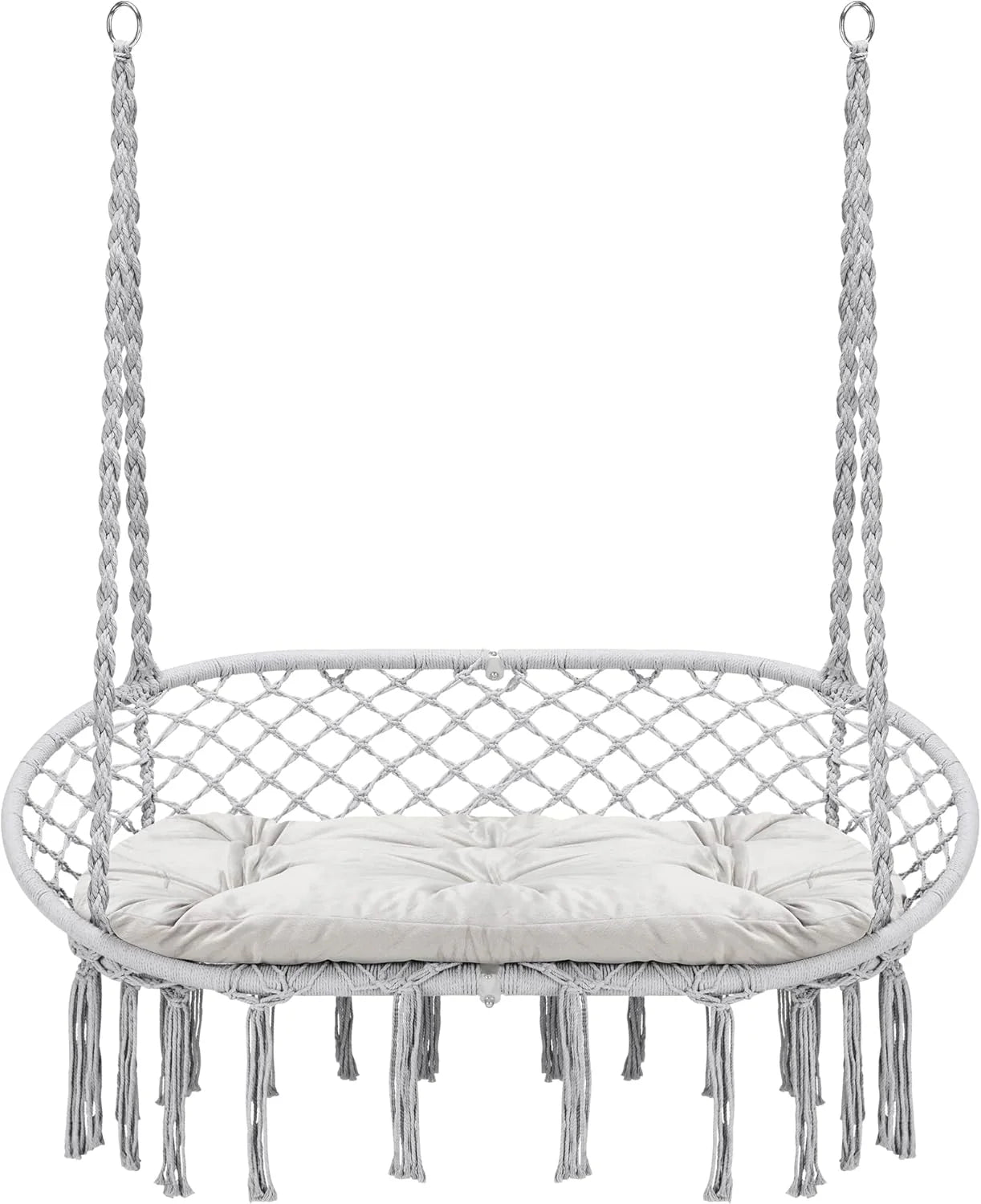 Hammock Chair Macrame Hanging Swing with Cushion,Hanging Cotton Ropes, Metal Frame, 450 lbs Capacity Indoor Outdoor, Patio, Balcony, Living,Deck, Yard, Garden(Double Swing) Beige