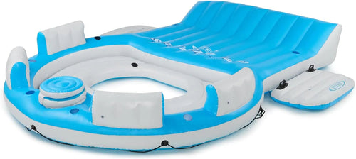 145 x 125 x 20 Inch Inflatable Lake and Pool Relaxation Island Lounger Seat for up to 7 Adults, Blue and White.