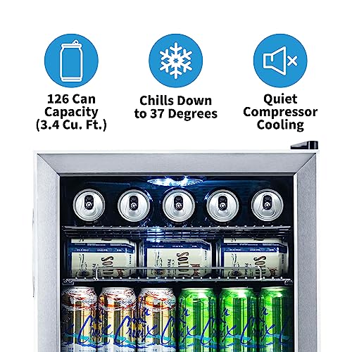 Beverage Refrigerator Cooler | 126 Cans Free Standing with Right Hinge Glass Door