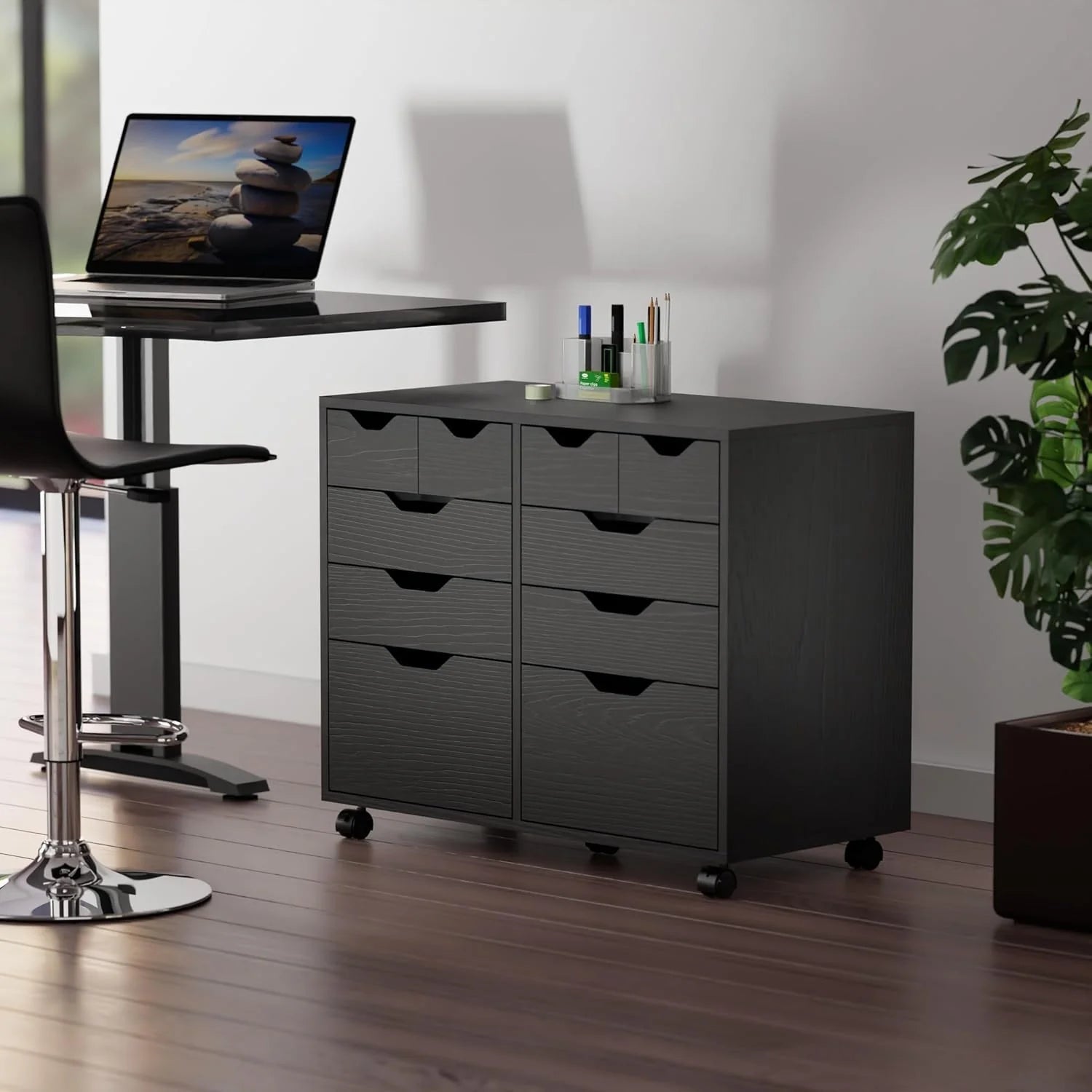 Halifax Storage Mobile Cabinets, 1 Door, 3 Drawers, 2 Wide Drawers, for Home Office, Black