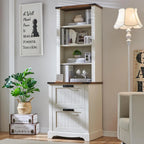 Bookcase with 2 File Drawers, 72" Tall Farmhouse Bookshelf with Storage and Adjustable Shelves, 4 Tier Rustic Wood Bookshelf with Cabinet for Home Office, Living Room (Antique White)