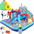 Inflatable Water Slides for Kids 8-in-1 Bounce House Water Park with 450W Blower Climbing Wall, Splash Pool, 2 Water Cannons, Basketball Hoop, Water Slide, Crocodile Sprinkler for Gift Backyard Party