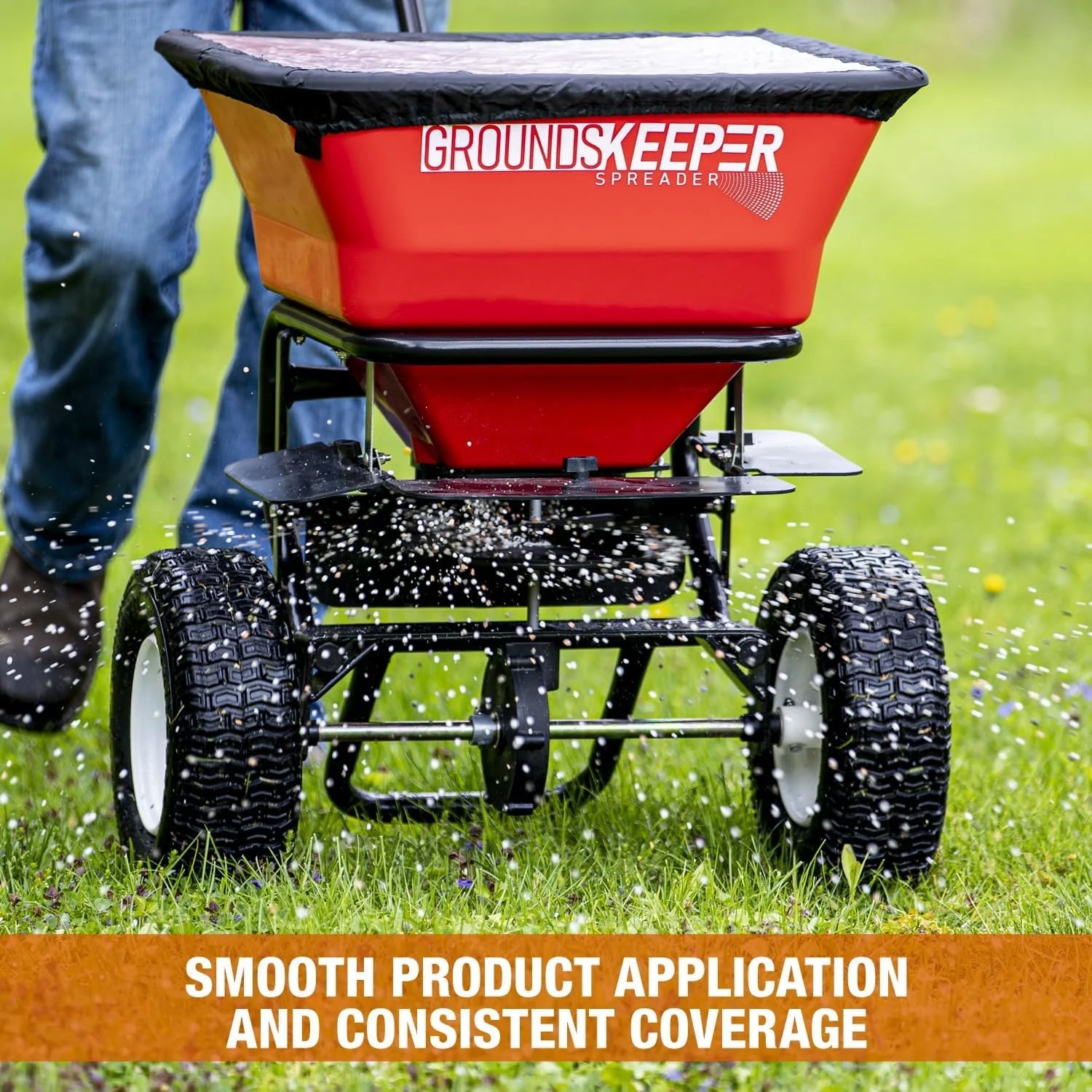 Walk Behind Push Spreader, 100lb Capacity, For Salt, Ice & Snow Melt, Included Grate & Cover With Enclosed Gearbox for Protection.