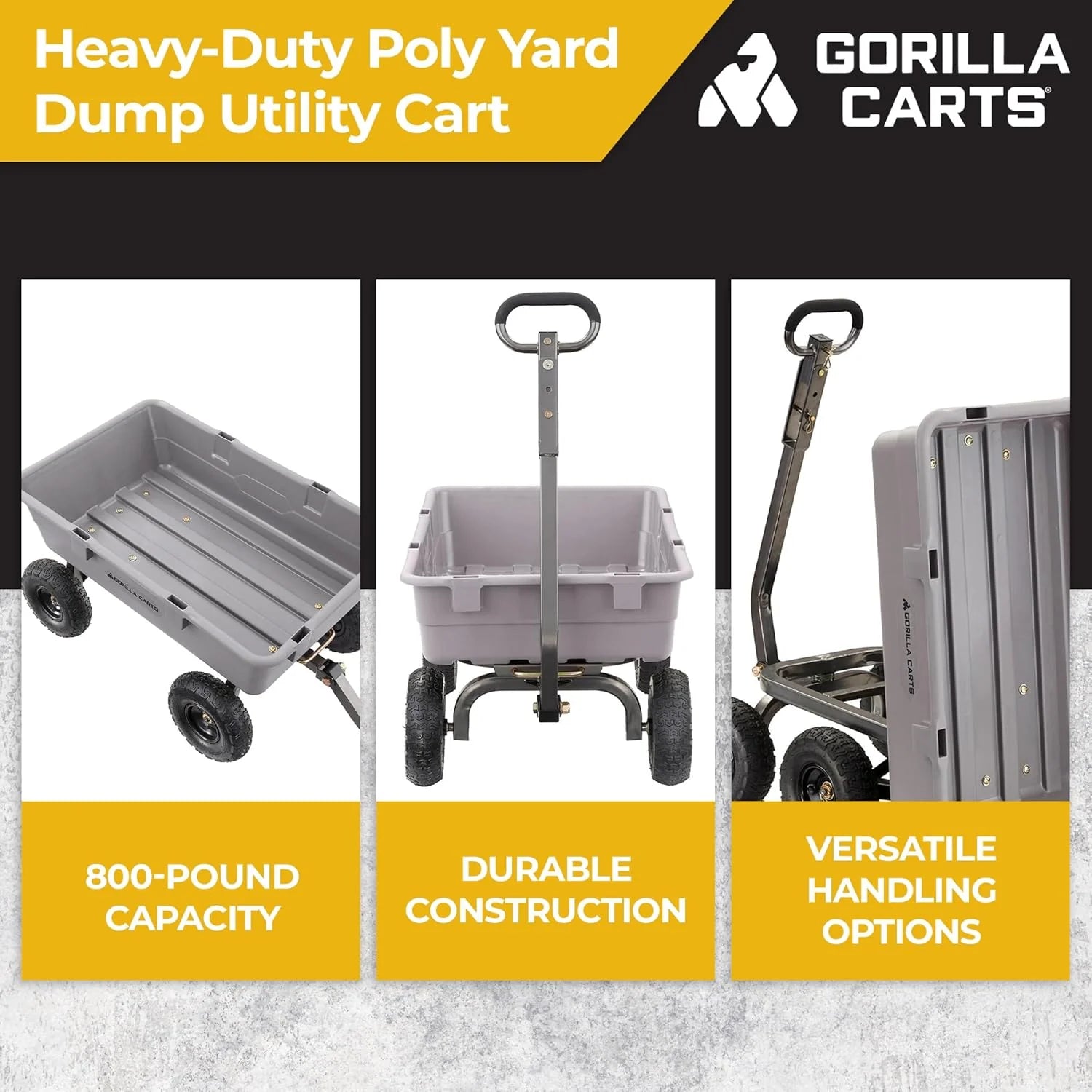 Heavy Duty Poly Utility Dump Wagon Garden Cart w/Pneumatic Tires, 6 Cu Ft - 1200 lb Capacity Outdoor Wheelbarrow for Yard, Landscaping & Gardening, Lawn Tractor or ATV Towable-Gorilla Carts