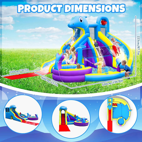 11-in-1 Inflatable Water Slide & Dolphin Bounce House w/2 Long Slides, 19.7 Ft x 13.1 Ft Extra Large Waterslide Climbing Wall w/Small Deeper Pool,Water Cannons,Hoop for Kids Backyard,550W Blower