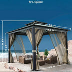 10’x10′ Hardtop Gazebo with double metal roof, aluminum frame, net, and curtain. All-weather, ideal for patio, deck, garden, backyard. Khaki.