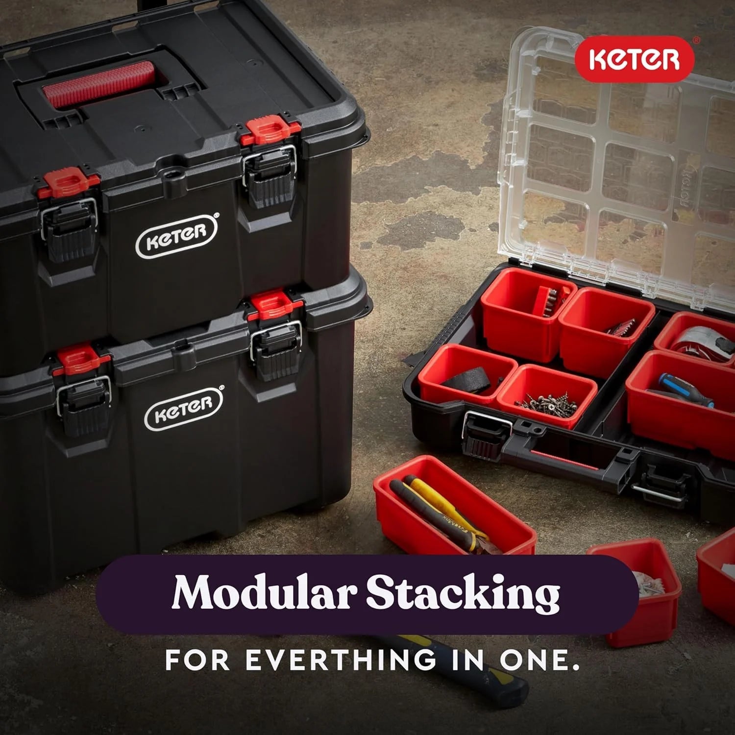 Modular Tools Organizer for Garage Storage and DIY, 3 Piece Resin Rolling Tool Box System for Small Parts