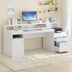 Computer Desk with 3 Drawer & Storage Shelves, Home Office Desk with File Drawer & Cabinet, Writing Study Table with Long Monitor Stand & Printer Shelf, Executive Desk, White
