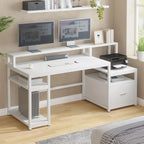 White Computer Desk with 5 Drawer & Power Outlet, 66'' Home Office Desk with File Drawer, Storage Shelves, Printer Cabinet and Monitor Shelf, Gaming Desk with Led Lights