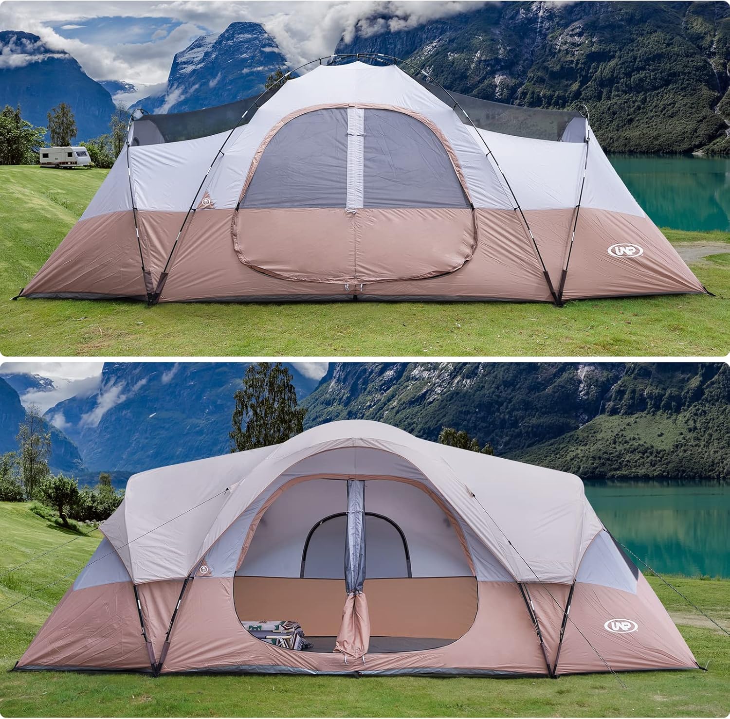 Camping Tent 10-Person-Family Tents, Parties, Music Festival Tent, Big, Easy Up, 5 Large Mesh Windows, Double Layer, 2 Room, Waterproof, Weather Resistant, 18ft x 9ft x78in