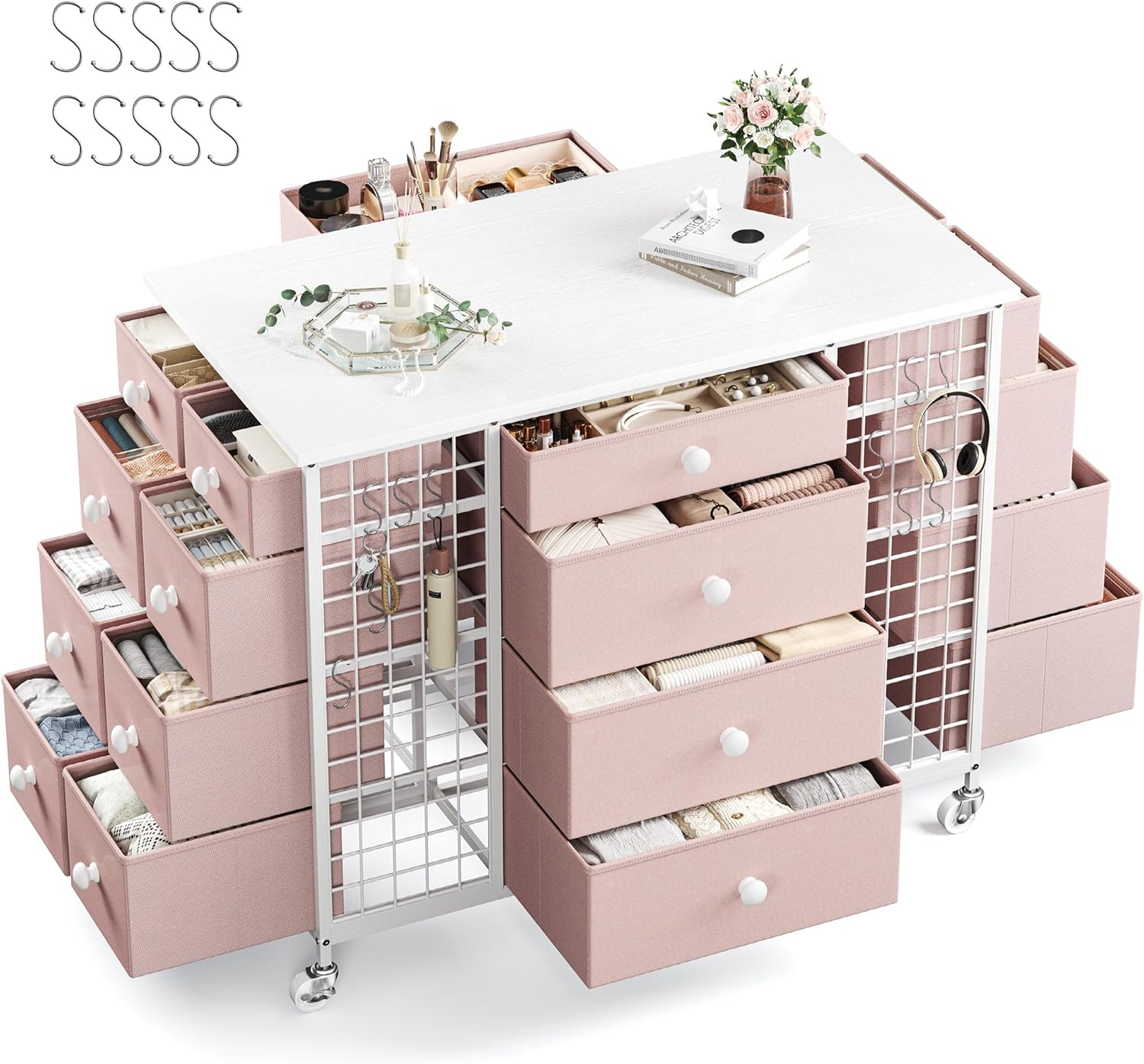 24 Drawers White Dresser for Bedroom, Dressers & Chests of Drawers with 4 Wheels and 40�� * 23�� Wide Wooden Top, Metal Frame, Closet Island with Hooks for Bedroom, Cloakroom, Dressing Room