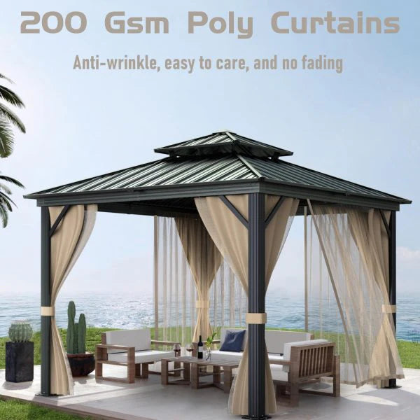 10’x10′ Hardtop Gazebo with double metal roof, aluminum frame, net, and curtain. All-weather, ideal for patio, deck, garden, backyard. Khaki.