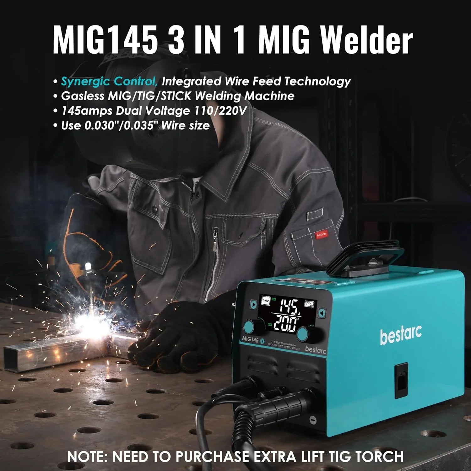 145A MIG Welder, 110V/220V Dual Voltage Gas/Gasless Flux Core MIG Welder/Lift TIG/Stick 3 in 1 Synergic MIG145 9GEN Welding Machine, Flux/Solid Welder Digital Screen Display