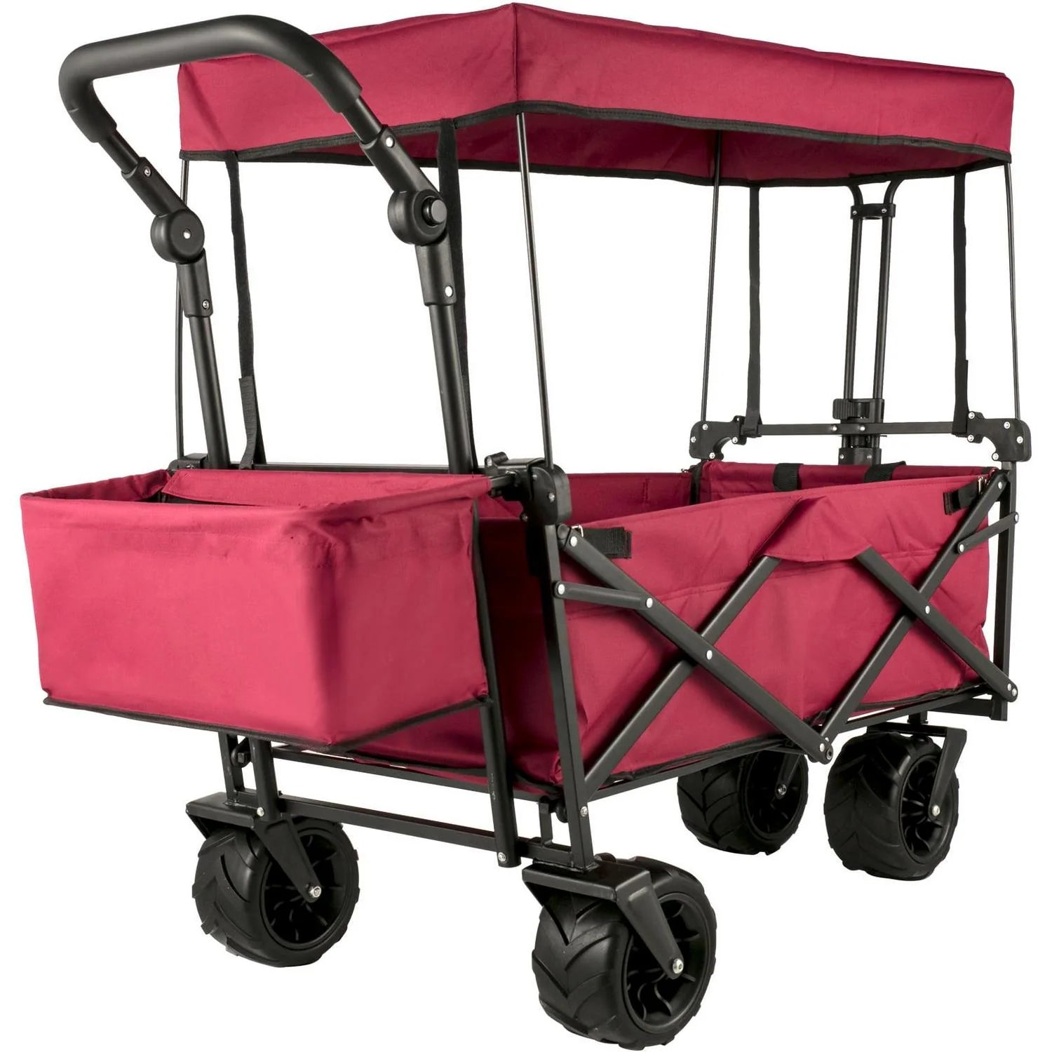 Red Collapsible Wagon Cart with Canopy, 360掳 Wheels, Adjustable Handles, 220 lbs Capacity for Beach & Garden