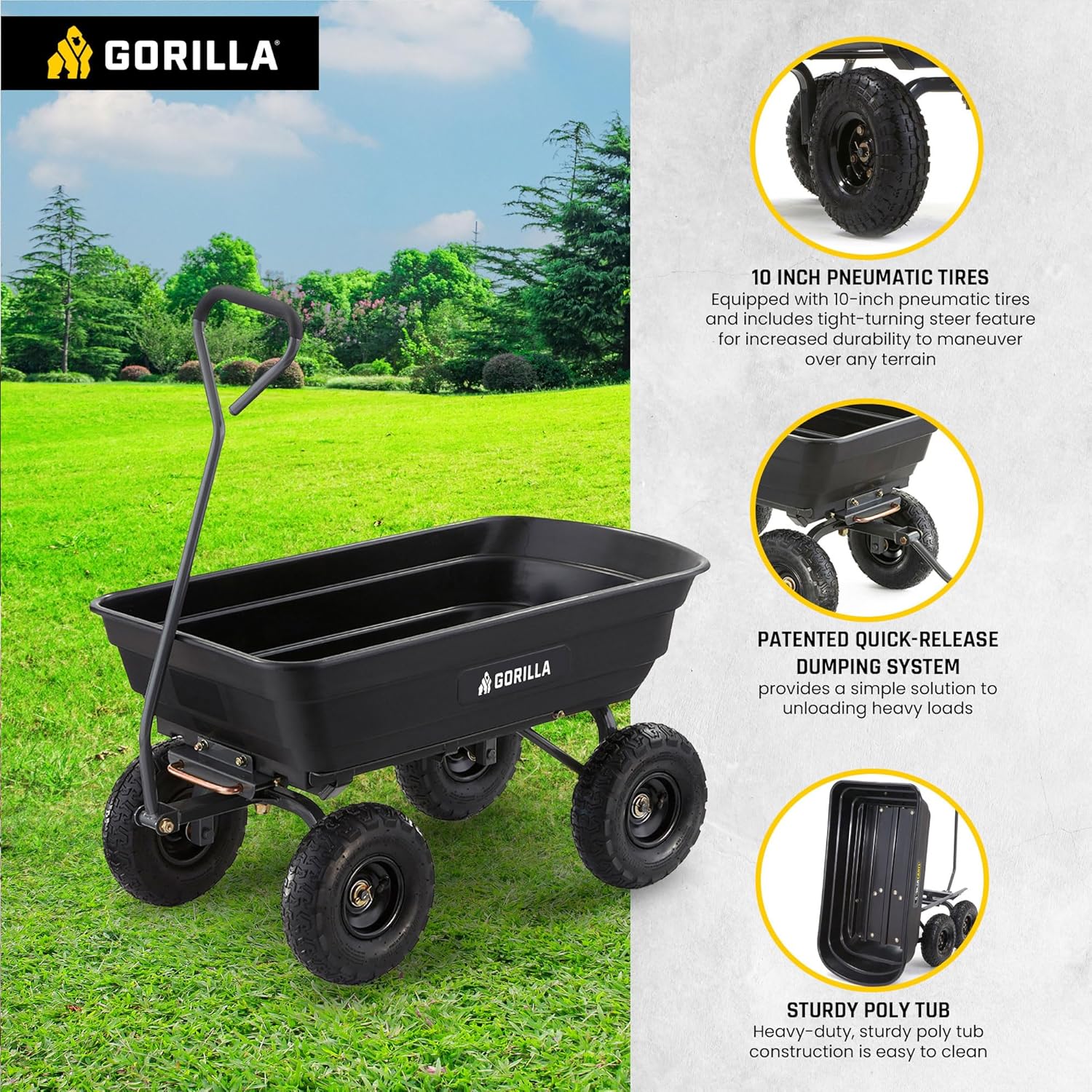 Heavy Duty Poly Utility Dump Wagon Garden Cart w/Pneumatic Tires, 6 Cu Ft - 1200 lb Capacity Outdoor Wheelbarrow for Yard, Landscaping & Gardening, Lawn Tractor or ATV Towable-Gorilla Carts