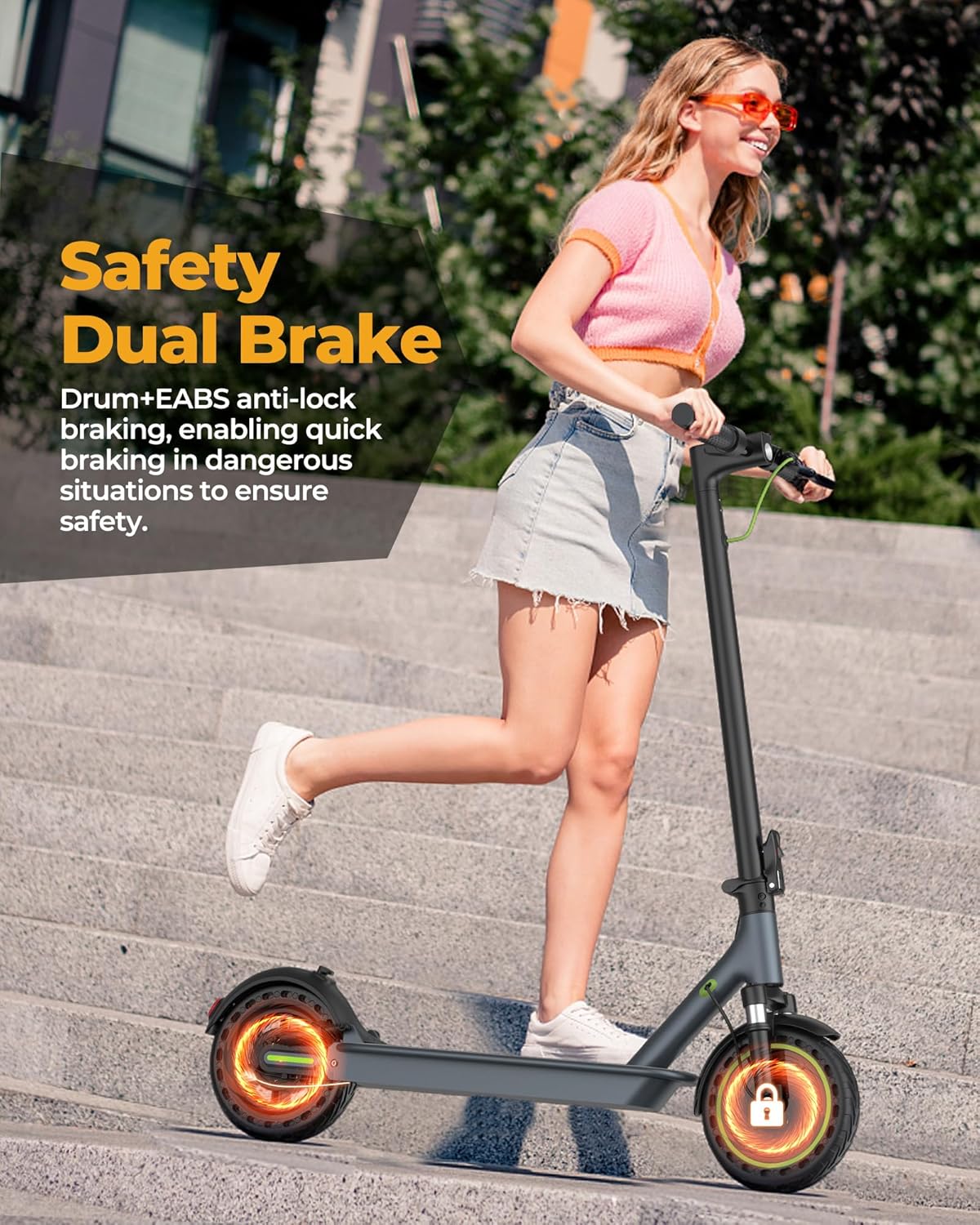 Electric Scooter - 8.5" Solid Tires, 350W Motor, Up to 19 MPH and 21-23 Miles Long-Range Portable Foldable Commuting Scooter for Adults with Double Braking System and App