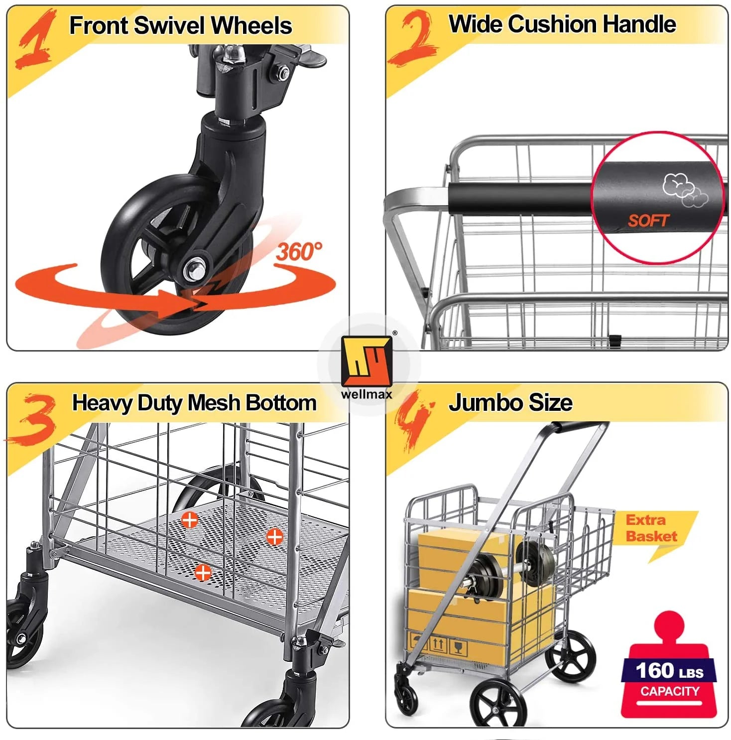 Shopping Cart with Wheels, Metal Grocery Cart with Wheels, Shopping Carts For Groceries
