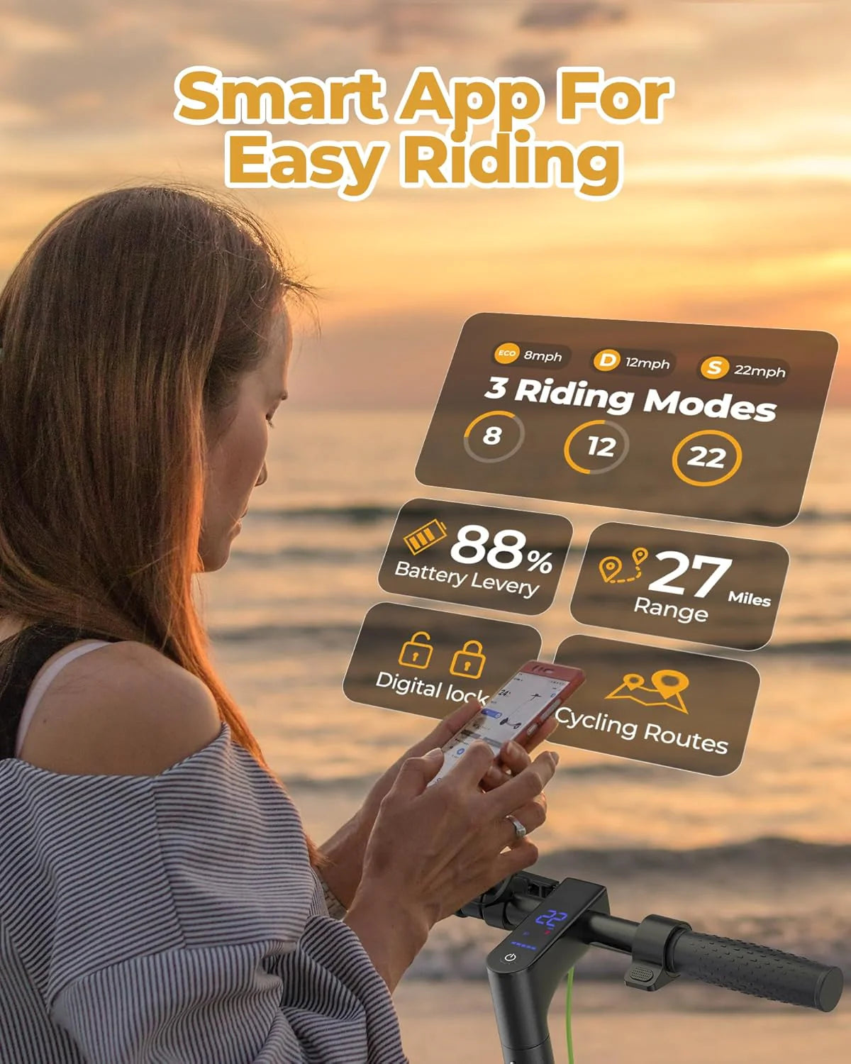Electric Scooter - 8.5" Solid Tires, 350W Motor, Up to 19 MPH and 21-23 Miles Long-Range Portable Foldable Commuting Scooter for Adults with Double Braking System and App