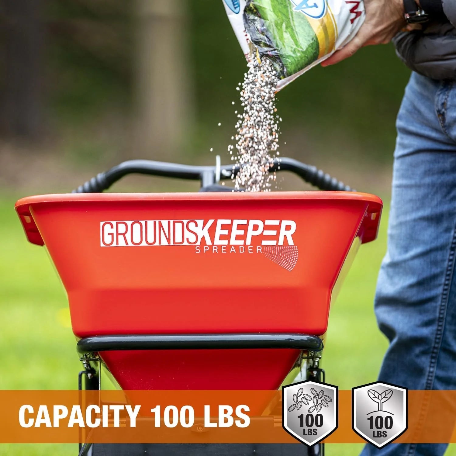 Walk Behind Push Spreader, 100lb Capacity, For Salt, Ice & Snow Melt, Included Grate & Cover With Enclosed Gearbox for Protection.