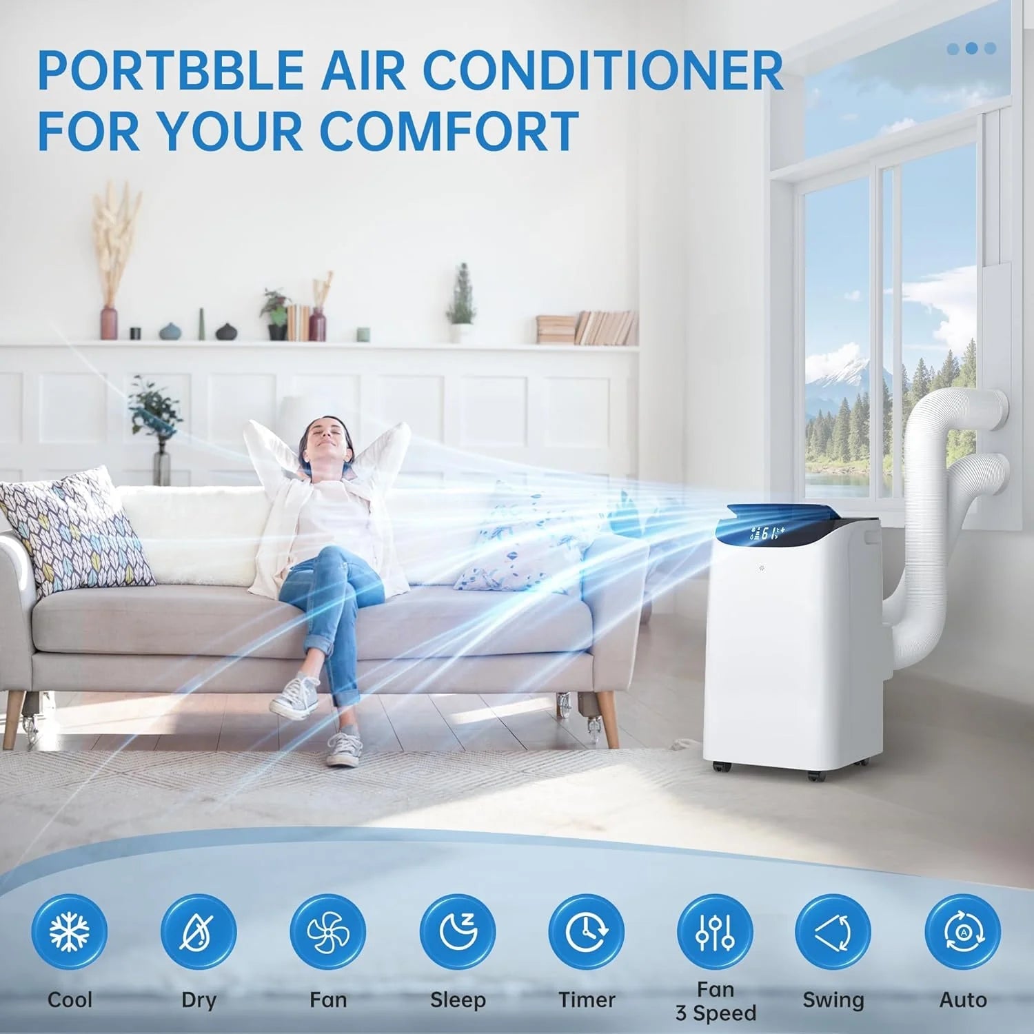 Portable Air Conditioner Cools Up to 700 Sq.Ft, 3-IN-1 Energy Efficient Portable AC Unit with Remote Control & Installation Kits for Large Room, Campervan, Office, Temporary Space