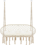 Hammock Chair Macrame Hanging Swing with Cushion,Hanging Cotton Ropes, Metal Frame, 450 lbs Capacity Indoor Outdoor, Patio, Balcony, Living,Deck, Yard, Garden(Double Swing) Beige