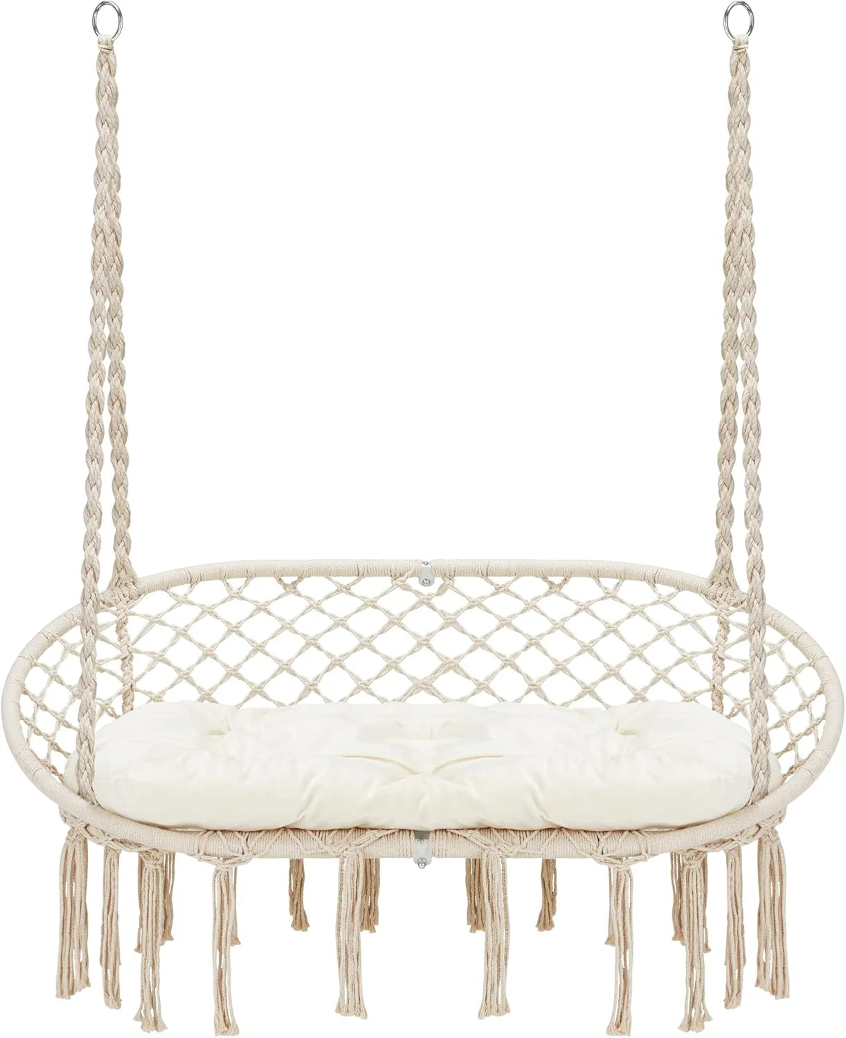 Hammock Chair Macrame Hanging Swing with Cushion,Hanging Cotton Ropes, Metal Frame, 450 lbs Capacity Indoor Outdoor, Patio, Balcony, Living,Deck, Yard, Garden(Double Swing) Beige