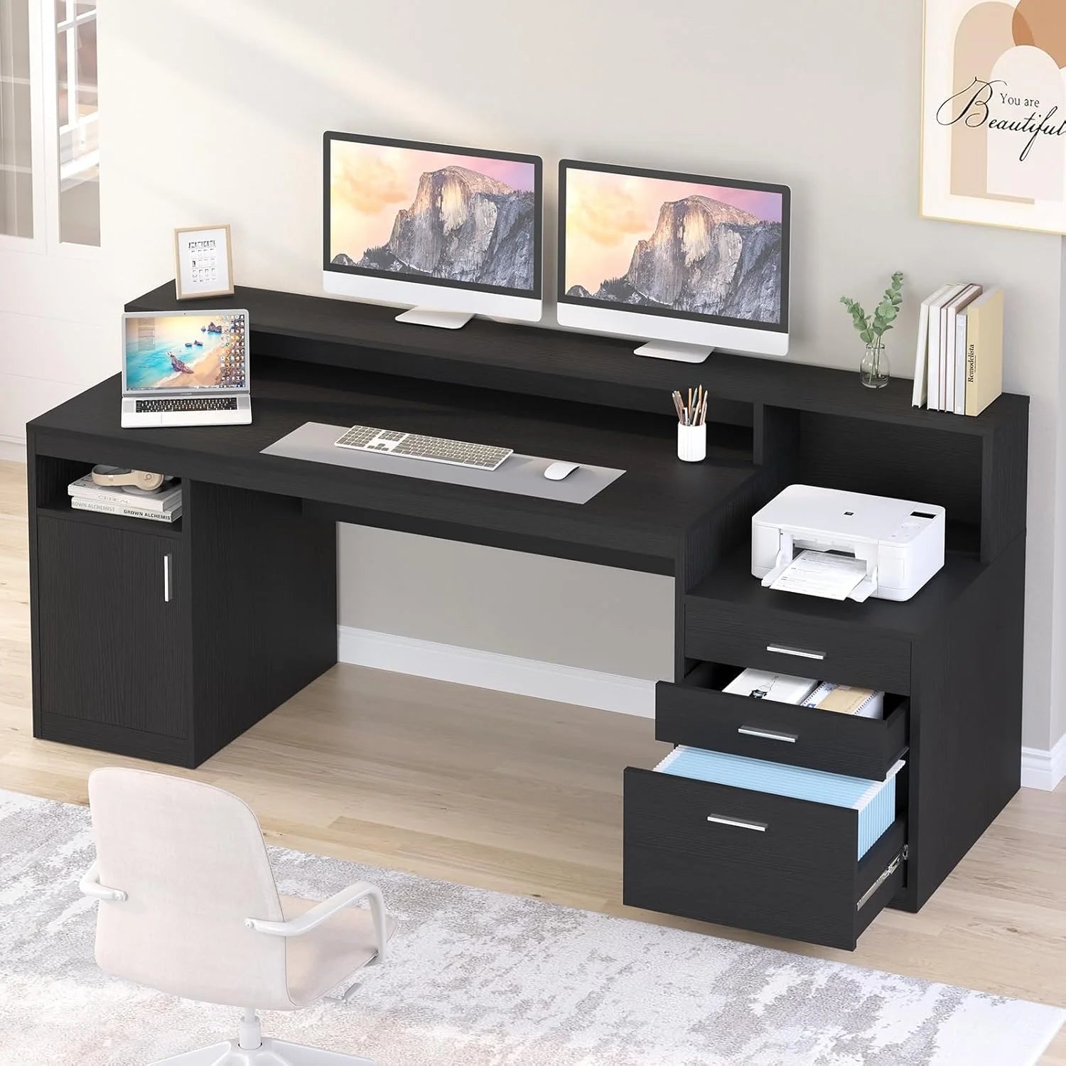Computer Desk with 3 Drawer & Storage Shelves, Home Office Desk with File Drawer & Cabinet, Writing Study Table with Long Monitor Stand & Printer Shelf, Executive Desk, White