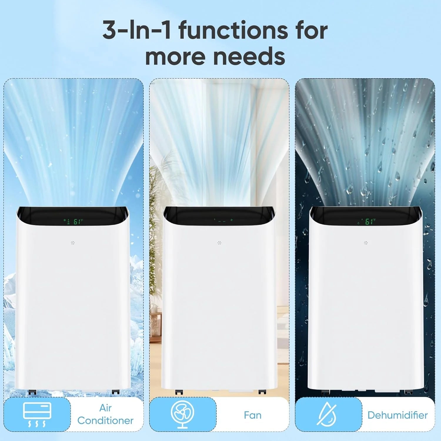 Portable Air Conditioner Cools Up to 700 Sq.Ft, 3-IN-1 Energy Efficient Portable AC Unit with Remote Control & Installation Kits for Large Room, Campervan, Office, Temporary Space