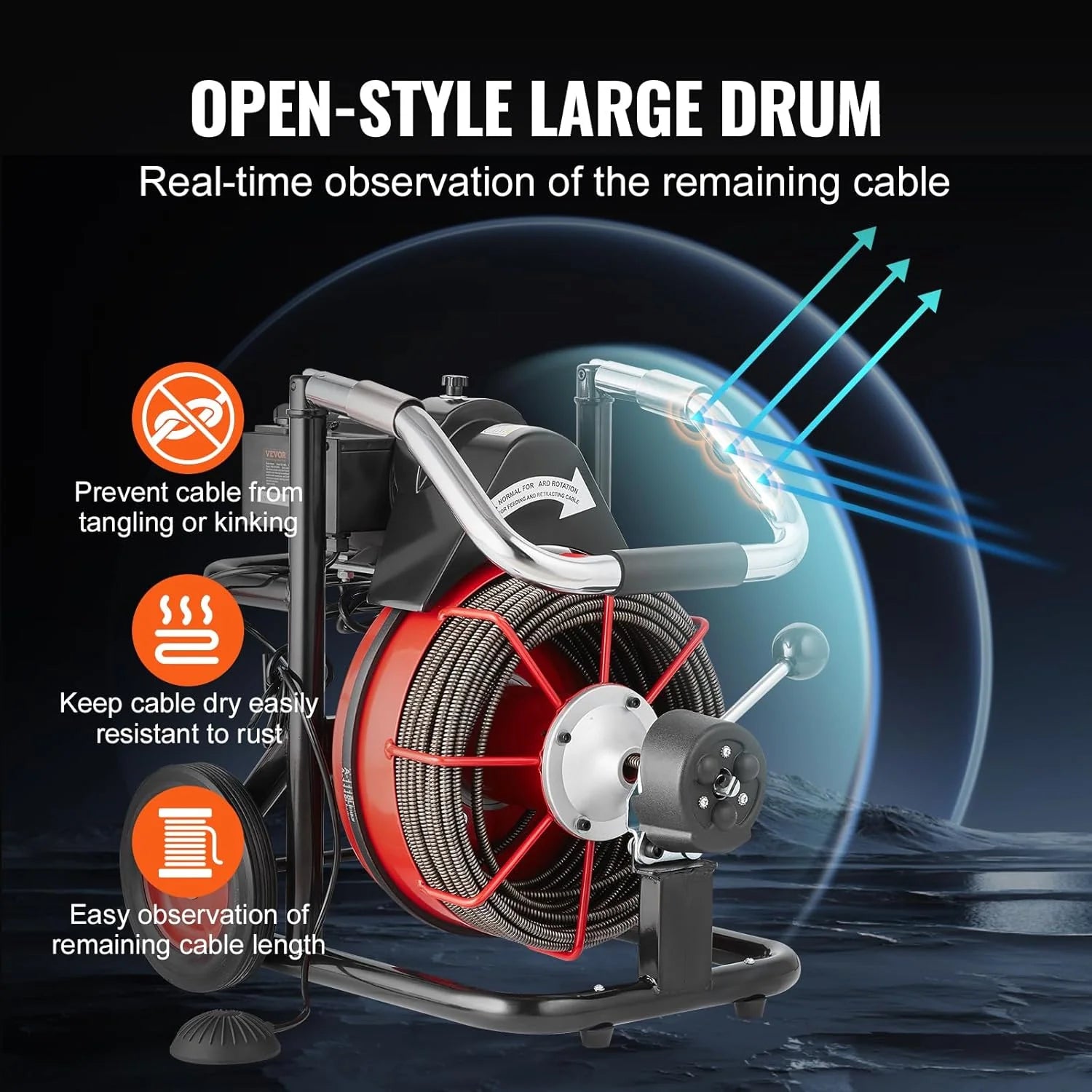 Drain Cleaner Machine 100FT x 1/2 Inch, Auto Feed Sewer Snake Auger on Wheels, 550W Portable Drain Cleaning Machine with 8 Cutters & Air-activated Foot Switch for 2" to 4" Pipes