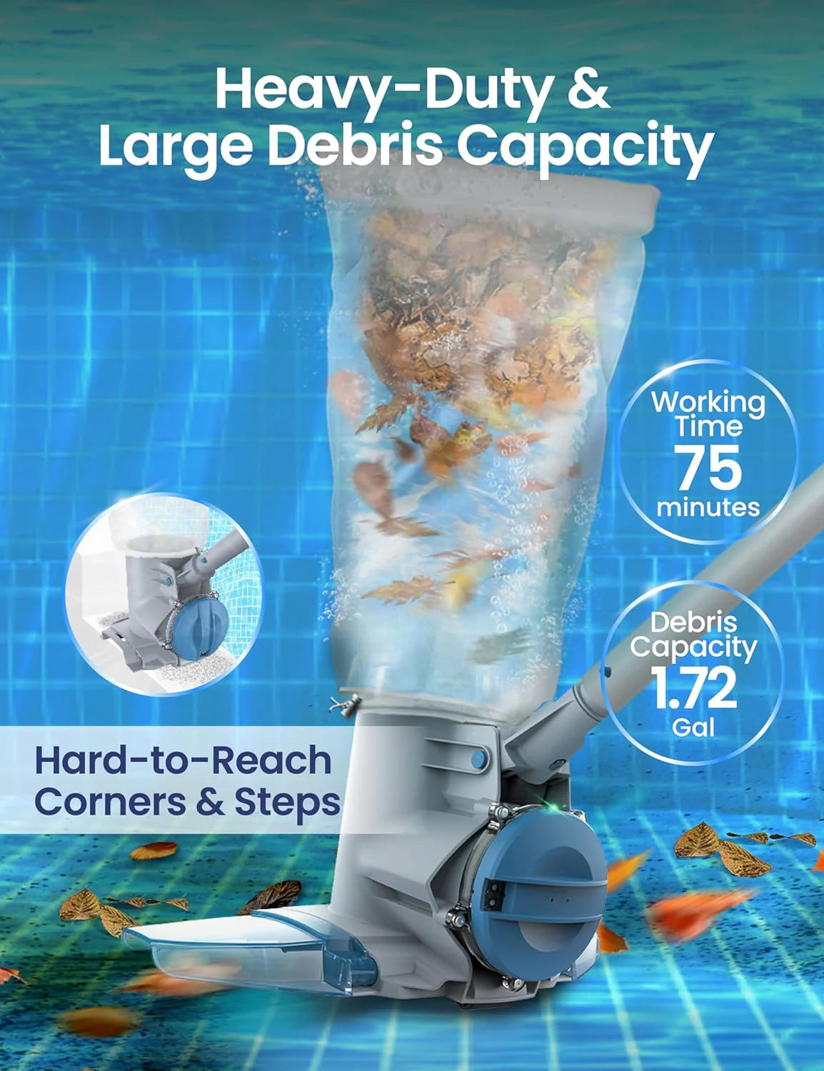 Rechargeable Cordless Pool Leaf Vacuum, 30GPM Strong Suction, 75 min Runtime, XL Heavy Duty Filter Bag, Leaves and Debris Removal, for Above Ground Pool and Inground Pools.