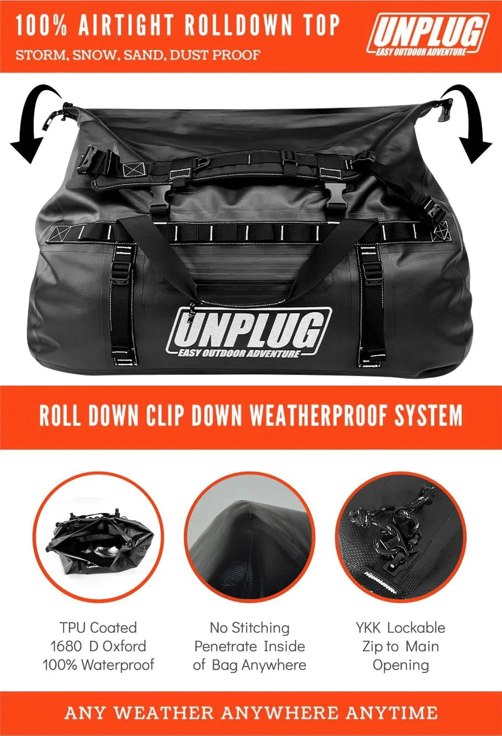 Ultimate Adventure Bag -1680D Heavy Duty Waterproof Travel Duffel Bags for Camping, Motorcycle Dry Bag, Waterproof Bags for Boating, Waterproof Duffle Backpack,Tactical Duffle Bag