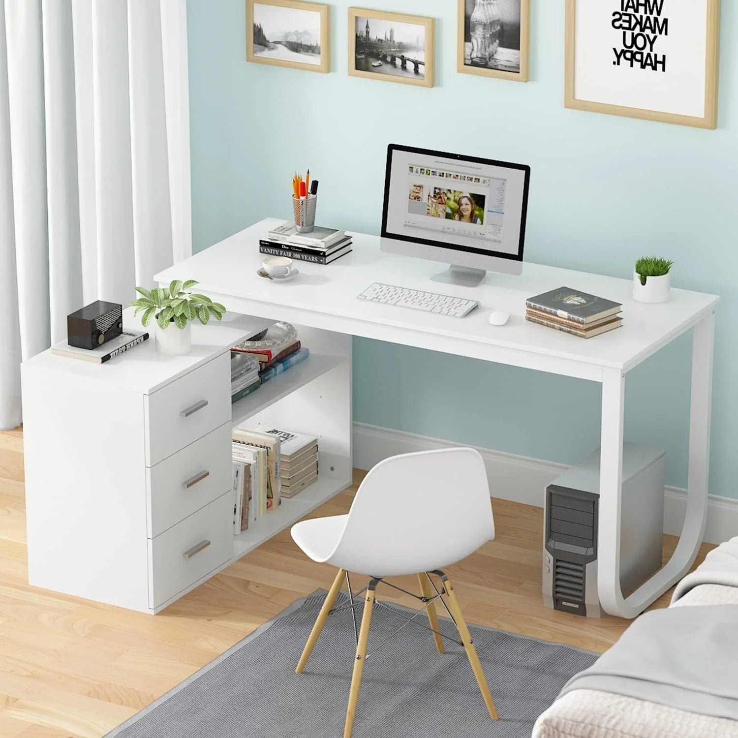 Home Office Computer Desk Corner Desk with 3 Drawers and 2 Shelves, 55 Inch Large L-Shaped Study Writing Table with Storage Cabinet - Walnut and White