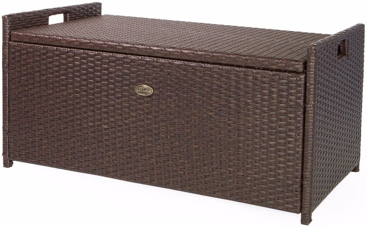 Outdoor Storage Bench Rattan Style Deck Box Wicker Patio Furniture Water Resistance w/Seat Cushion, 60-Gallon, Brown