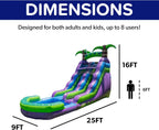 Purple Tropical Lightweight Premium Commercial Grade Water Slide Inflatable with Attached Pool for Kids and Adults (with Blower), Wet Dry Use, Summer Fun