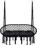 Hammock Chair Macrame Hanging Swing with Cushion,Hanging Cotton Ropes, Metal Frame, 450 lbs Capacity Indoor Outdoor, Patio, Balcony, Living,Deck, Yard, Garden(Double Swing) Beige