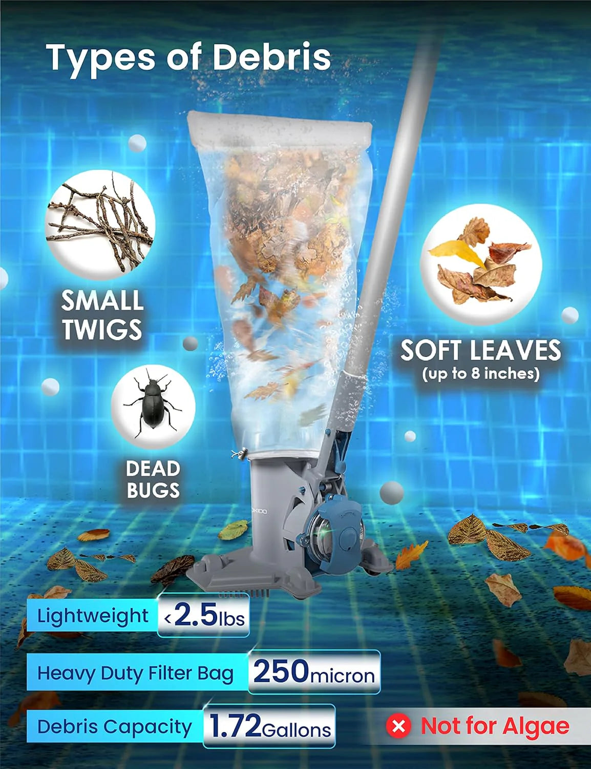 Rechargeable Cordless Pool Leaf Vacuum, 30GPM Strong Suction, 75 min Runtime, XL Heavy Duty Filter Bag, Leaves and Debris Removal, for Above Ground Pool and Inground Pools.