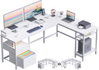 66” L Shaped Desk with Power Outlet, Reversible Computer Gaming Desk with File Drawer & 2 Monitor Stands for Home Office with Storage Shelves, Rustic Brown